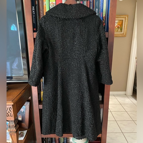 Curly Lamb Long Coat Wool Fur Black Persian Silk Lined Velvet Pockets Vintage - Picture 9 of 13